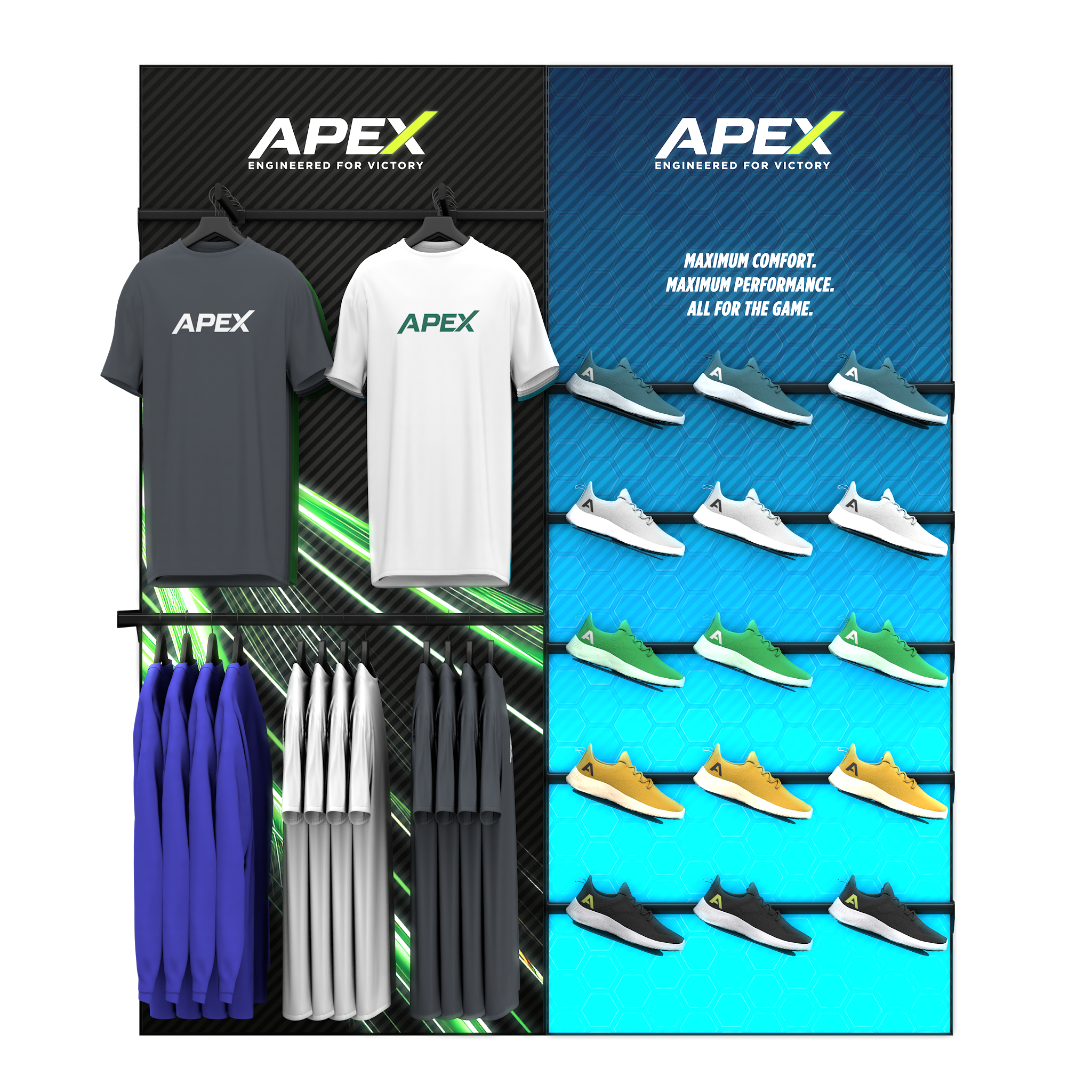 High-Capacity Apparel & Angled Footwear Display Wall (Config 2)