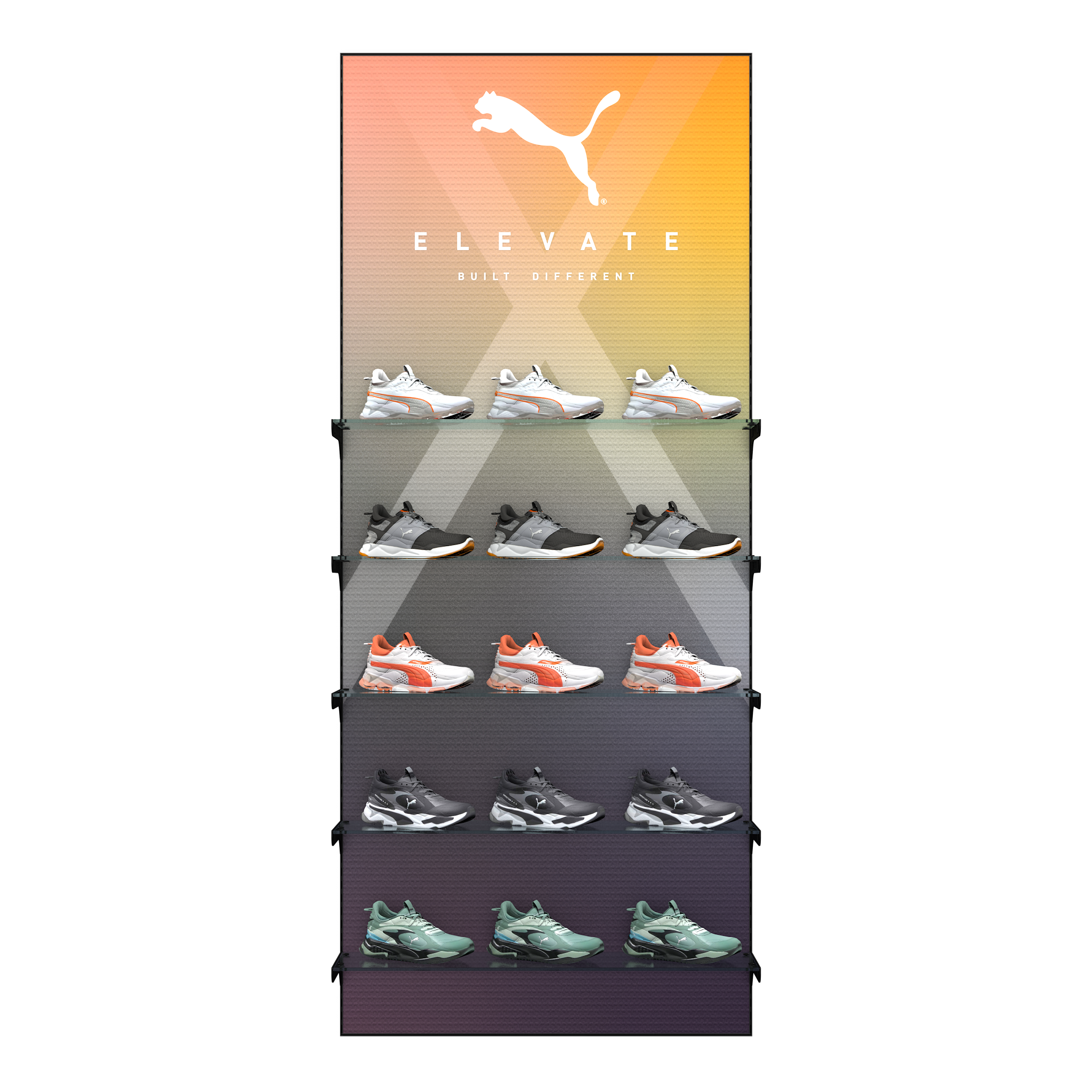 Slotted UpBright® 1005mm Golf Shoe Display Wall (Glass)