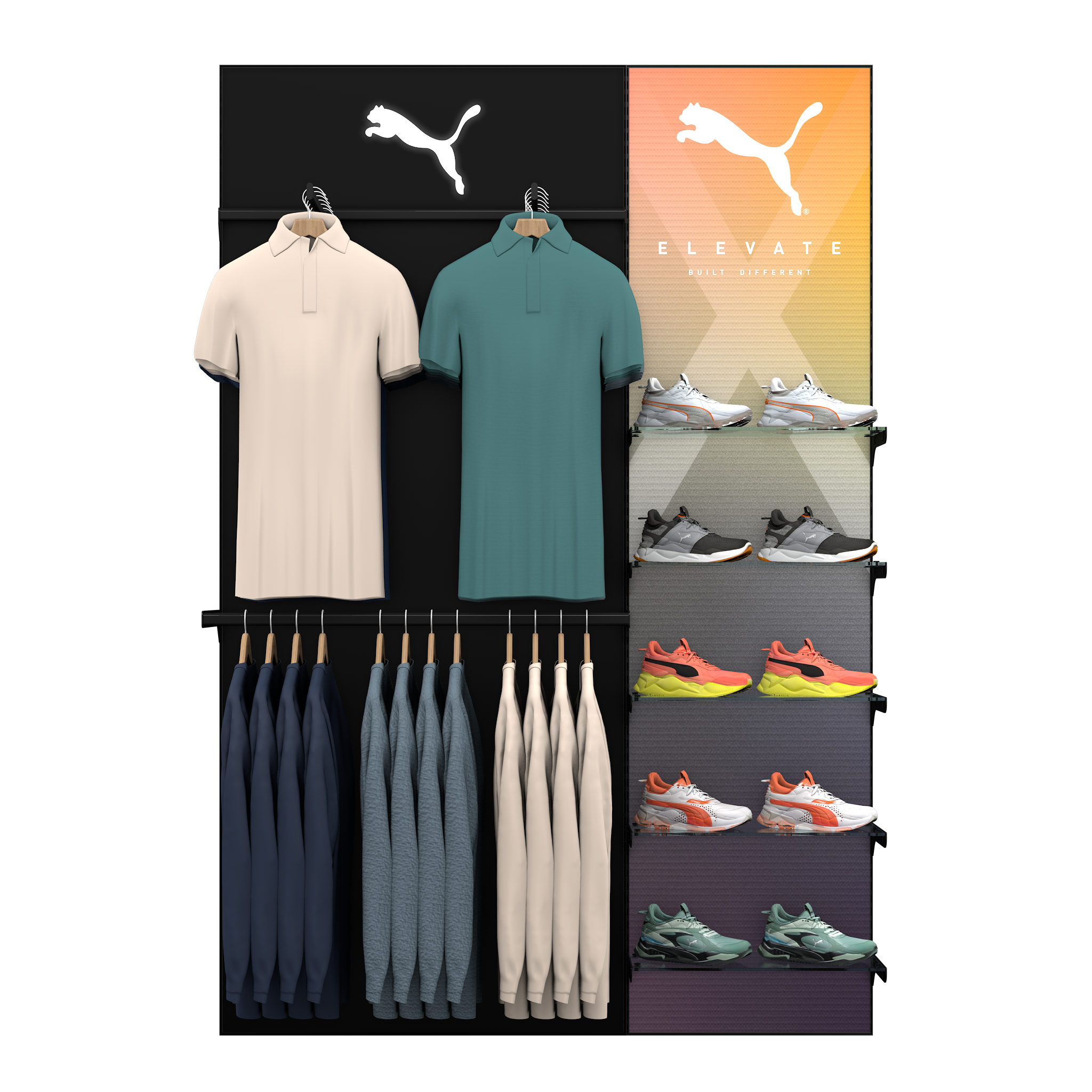 Hybrid Apparel & Glass Footwear Retail Wall (Config 1)