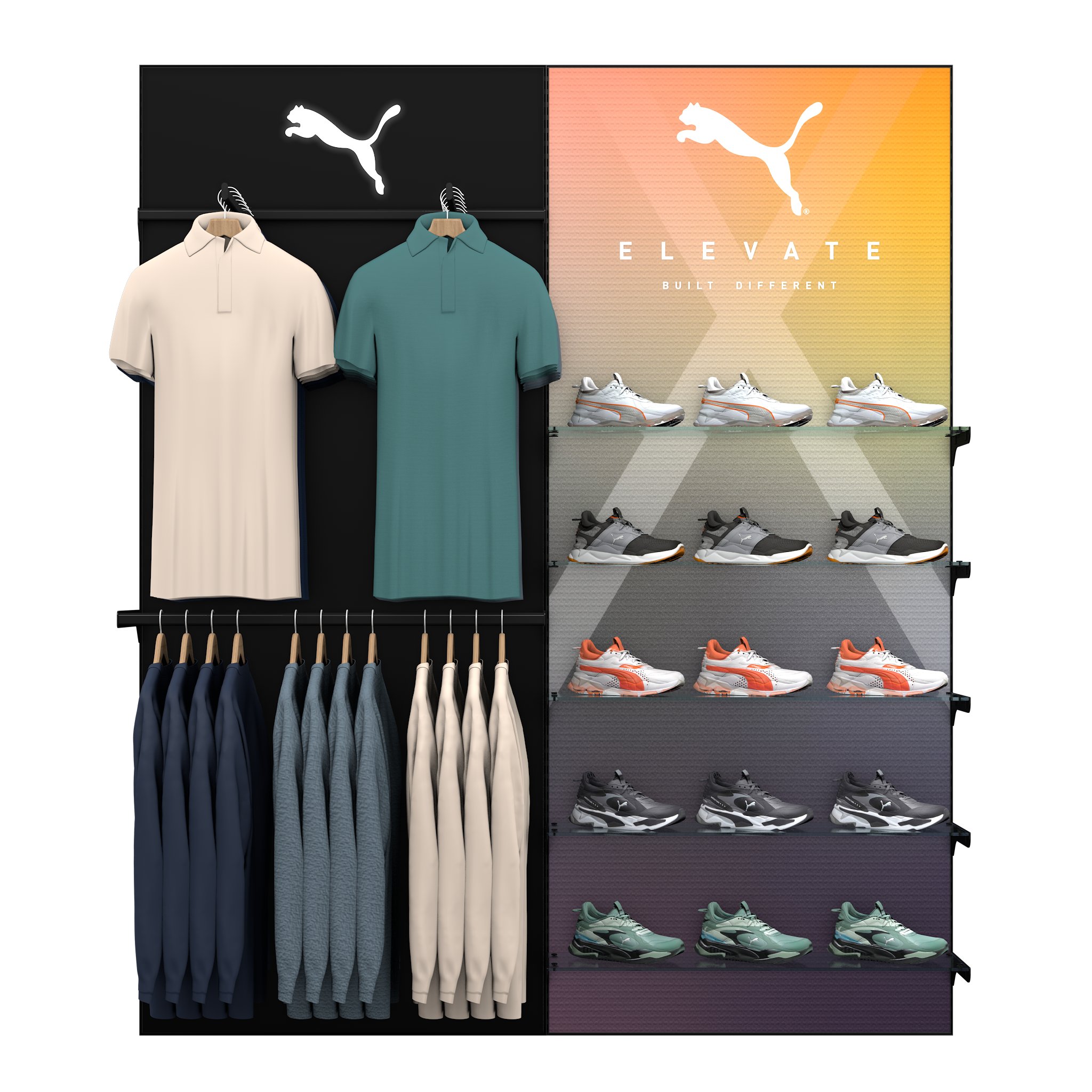 High-Capacity Clothing & Glass Shoe Display Wall (Config 2)