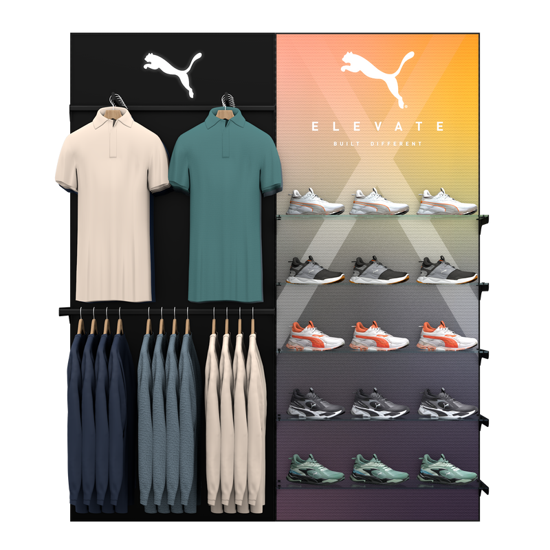 High-Capacity Clothing & Glass Shoe Display Wall (Config 2)