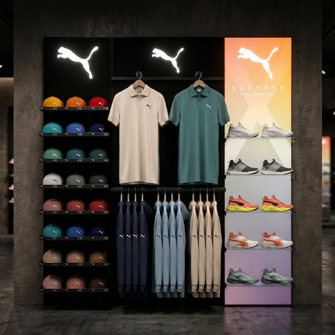 Edge lit illuminated Apparel Display with Hats and Footwear