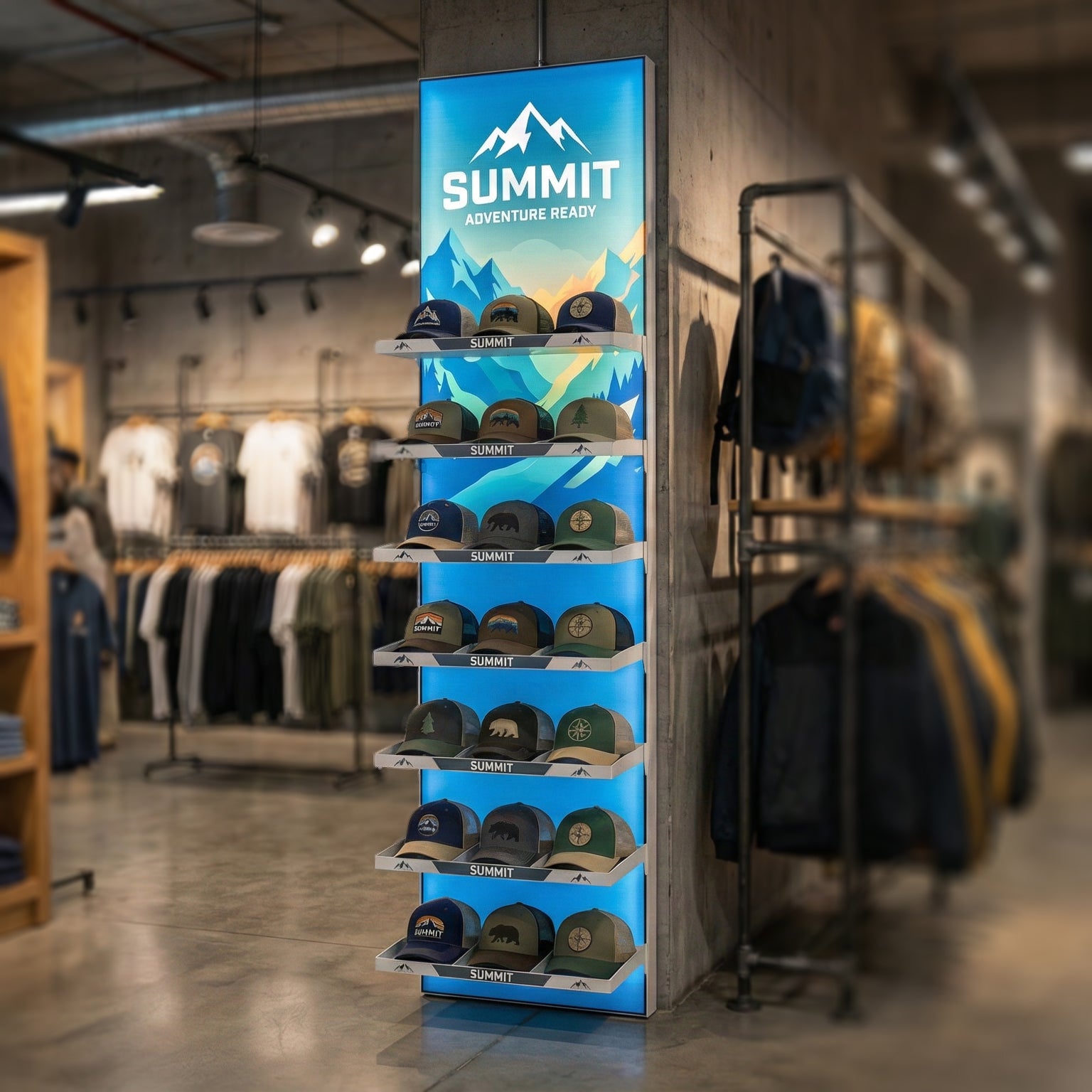 Illuminated Cap Display with Shelves