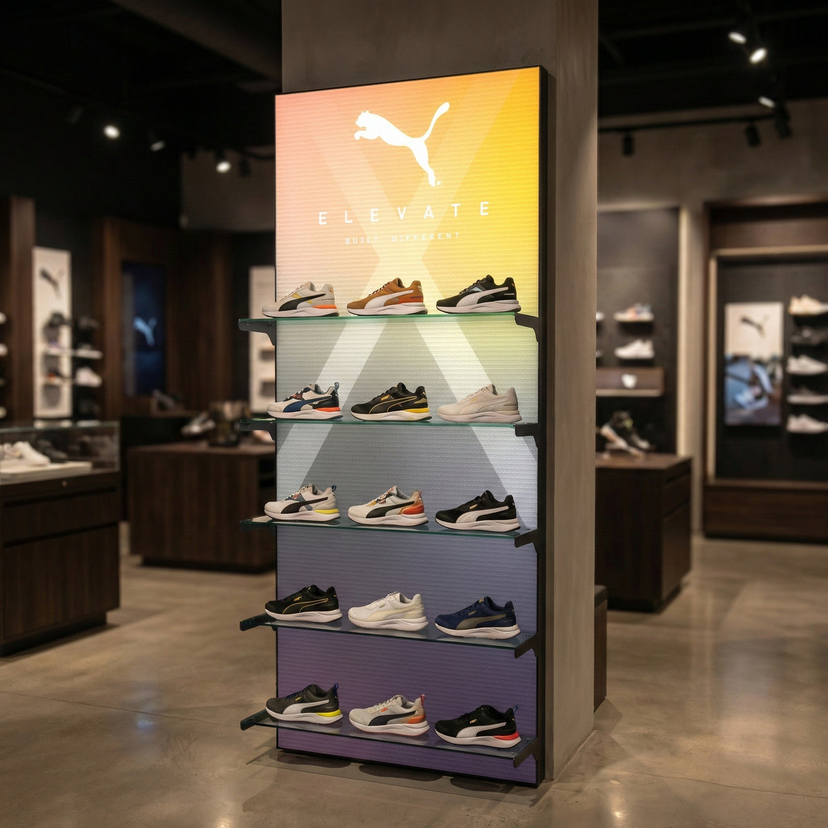 Illuminated Shoe Wall with Glass Shelves